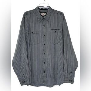 Harley Davidson Black White Striped Long Sleeve Collared Shirt Mens Tall 2XL